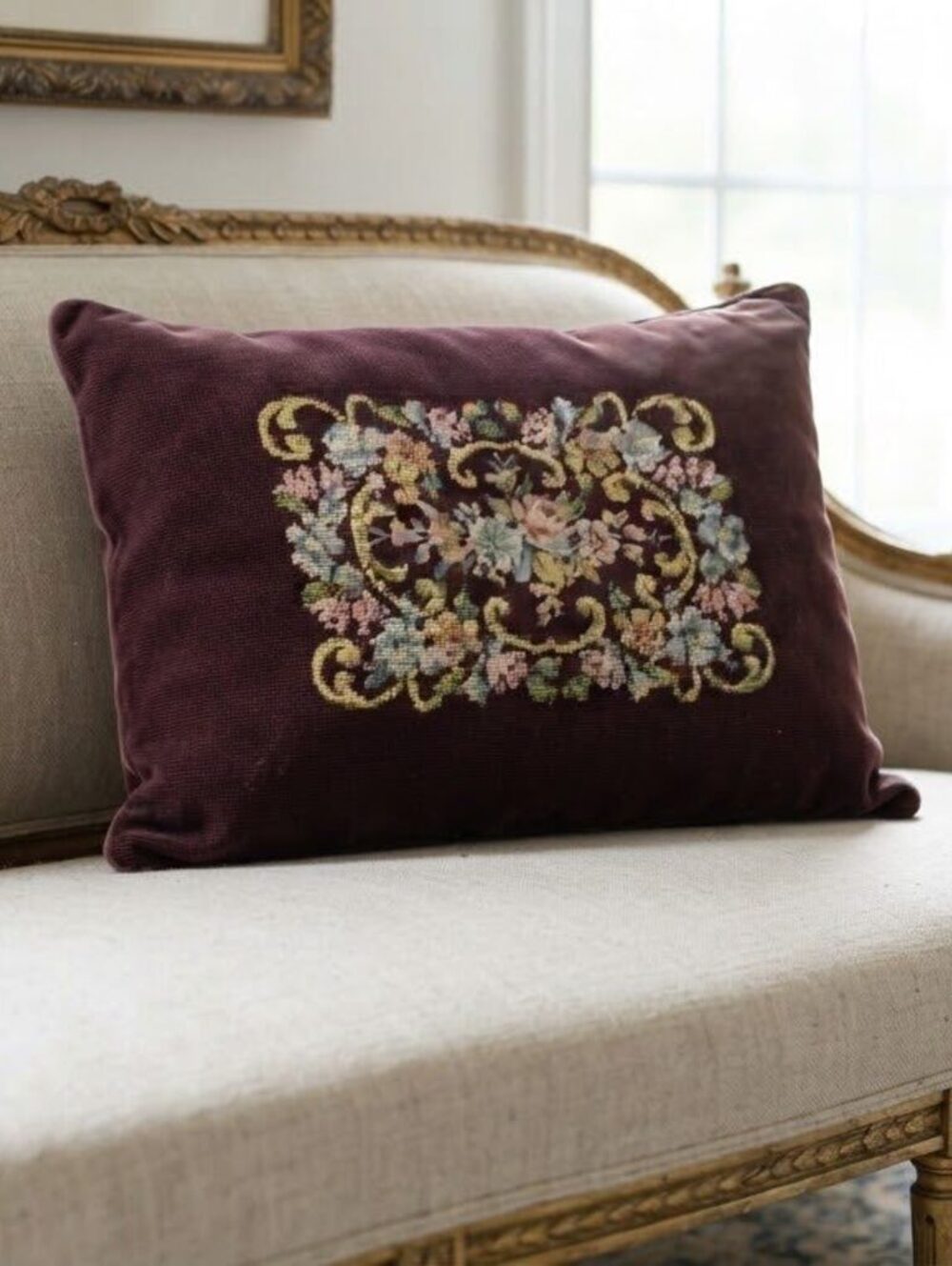 Hand-Worked Needlepoint Floral Tapestry Pillow